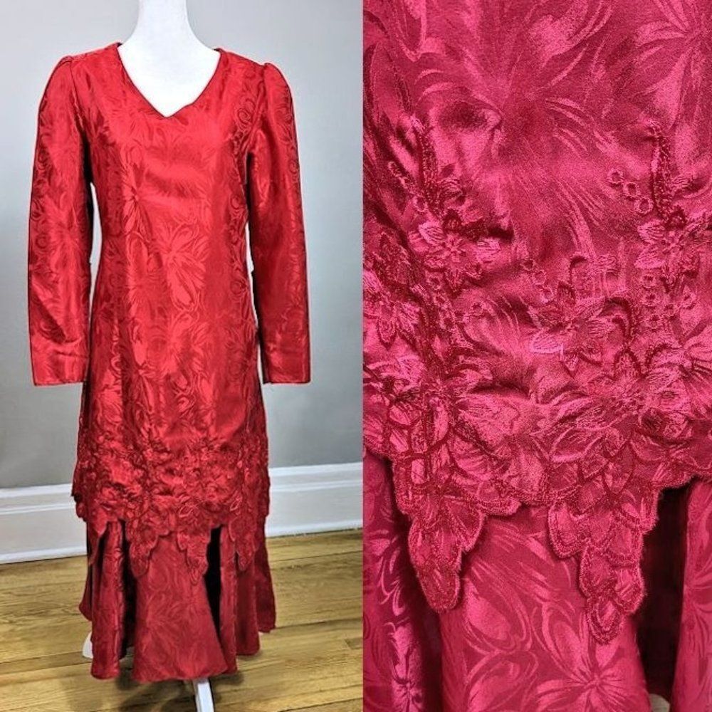 Vintage 80s Simon Sez Midi Dress Red Floral Embroidered Drop Waist Size 7/8